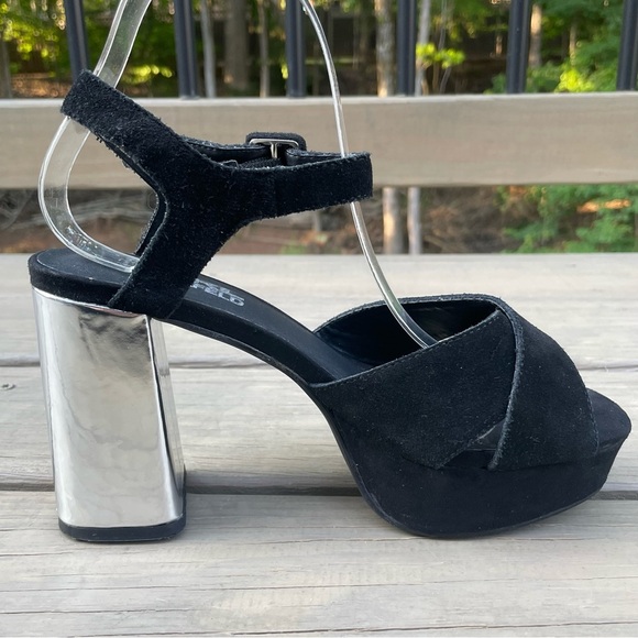 Karl Lagerfeld black suede & silver chunky heel platform ankle strap sandals 38 - Picture 12 of 16